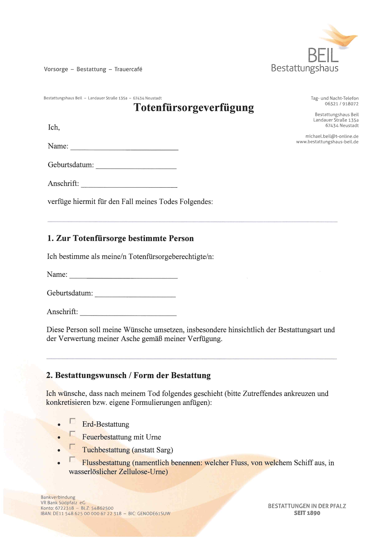 Totenfürsorgeverfügung Vorlage zum Herunterladen